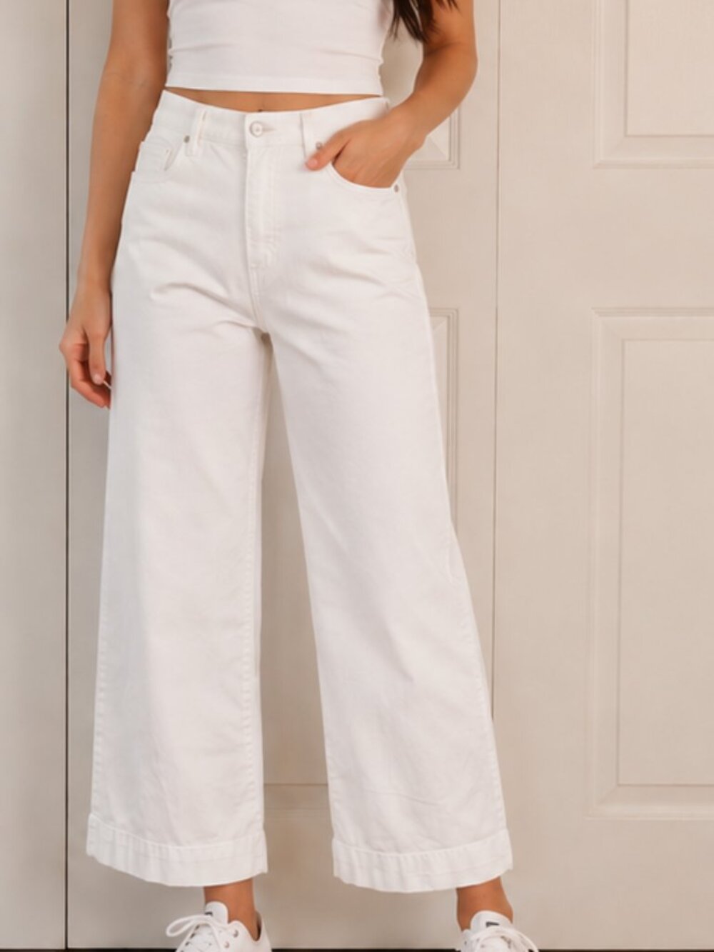 Lands' End White Wide Leg Crop Pants Stretch Cotton High Rise Coastal Classic